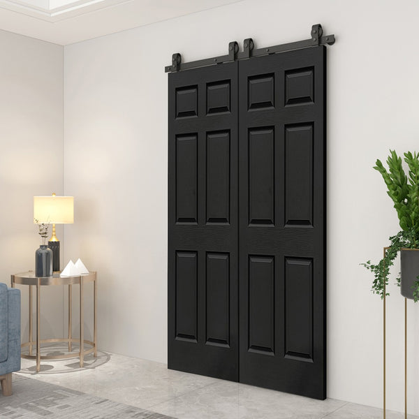 English Elm 24 in Primed Mdf Bi-fold Barn Door with Raised 6-panel Profile and Sliding Hardware Black B2763P491006