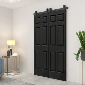 English Elm 24 in Primed Mdf Bi-fold Barn Door with Raised 6-panel Profile and Sliding Hardware Black B2763P491009
