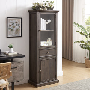 English Elm Tall Glass Storage Cabinet with Classic Farmhouse Design, Ample Shelves, Drawer & Smooth Finish Brown W2275P206603