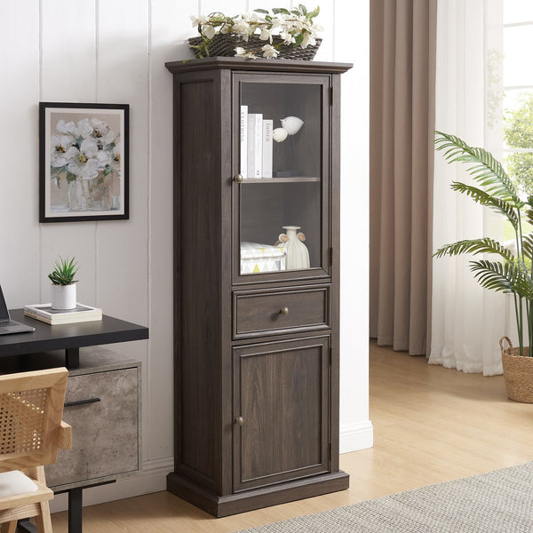 English Elm Tall Glass Storage Cabinet with Classic Farmhouse Design, Ample Shelves, Drawer & Smooth Finish Brown W2275P206603