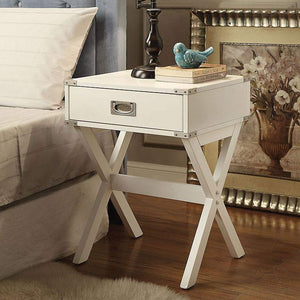 English Elm Side Table featuring Metal Corner Strapping and Flush Mount Drawer Pull for Stylish Accent Décor and Functionality White B016P310488