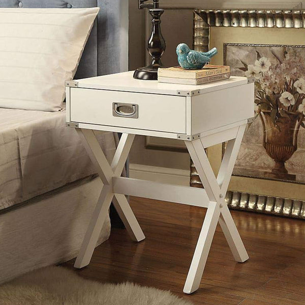 English Elm Side Table featuring Metal Corner Strapping and Flush Mount Drawer Pull for Stylish Accent Décor and Functionality White B016P310488