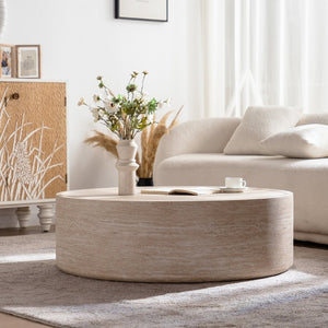 English Elm 39.37" Round Drum Coffee Table with Bold Mars Stone Print for Modern Living Rooms W3081P394201