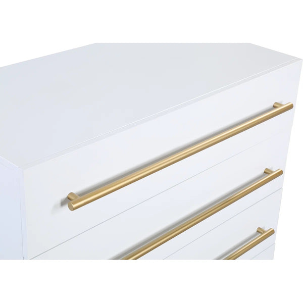English Elm Contemporary 5-Drawer Chest with Brushed Gold Legs and Handle, Durable Wood Construction, Sleek Bedroom Storage White 39 L x 21 W x 43 H B011P353752