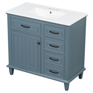 English Elm 36 Inch Bathroom Vanity With Ceramic Sink, Adjustable Shelf, Stylish Storage, Modern Blue Finish N725P336554C