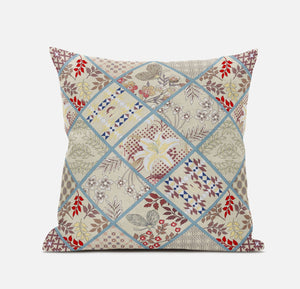 Homeroots 20” Cream Red Patch Suede Zippered Throw Pillow   413479