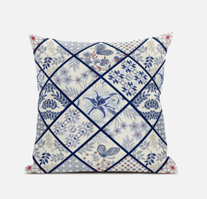 Homeroots 20” White Navy Patch Suede Zippered Throw Pillow   413482