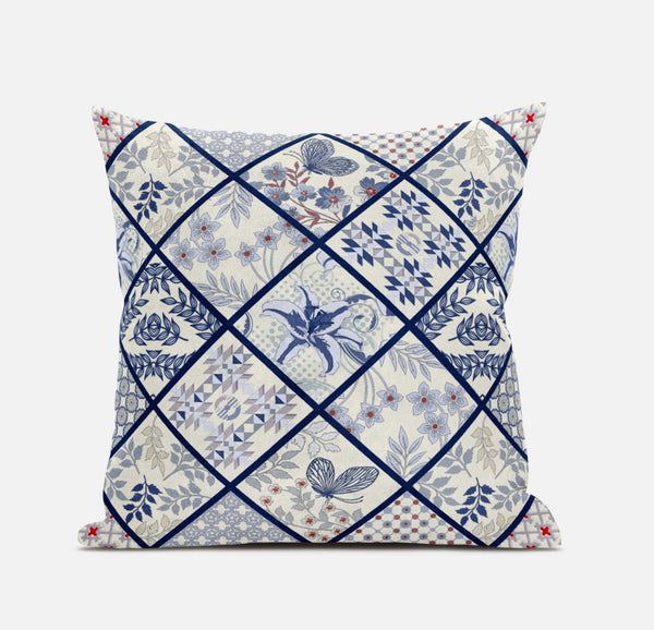 Homeroots 20” White Navy Patch Suede Zippered Throw Pillow   413482