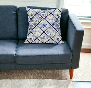 Homeroots 20” White Navy Patch Suede Zippered Throw Pillow   413482