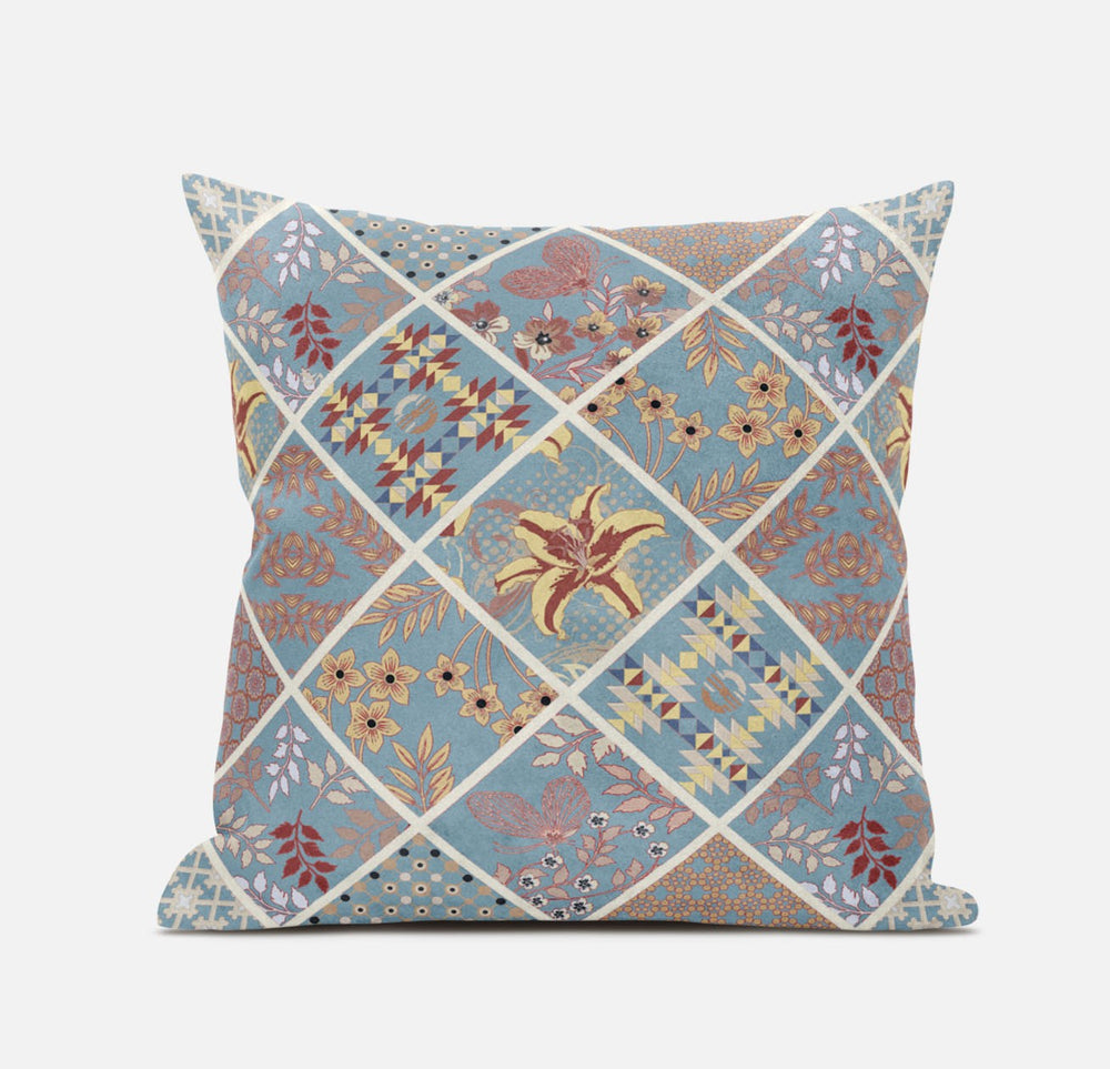 Homeroots 20” Blue Yellow Patch Suede Zippered Throw Pillow   413494