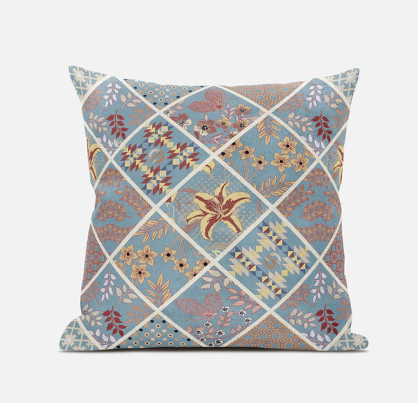 Homeroots 20” Blue Yellow Patch Suede Zippered Throw Pillow   413494