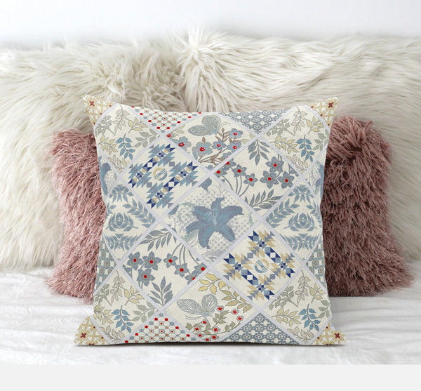 Homeroots 20” White Blue Patch Suede Zippered Throw Pillow   413497