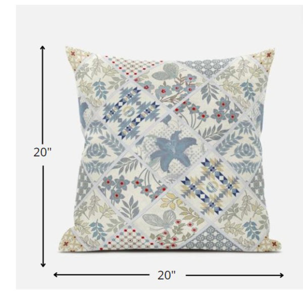 Homeroots 20” White Blue Patch Suede Zippered Throw Pillow   413497