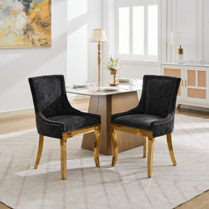 English Elm Chenille Modern Dining Chair with Curved Gold-Plated Legs, Rivet Trim, Textured Upholstery Comfort Black W1143P332685