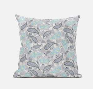 Homeroots 20” Gray Turquoise Boho Paisley Zippered Suede Throw Pillow   413515