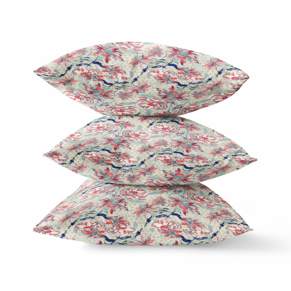 Homeroots 20" Red Pale Green Roses Zippered Suede Throw Pillow   413608