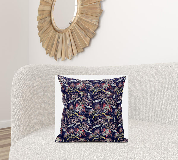 Homeroots 20" Midnight Blue Roses Zippered Suede Throw Pillow   413611
