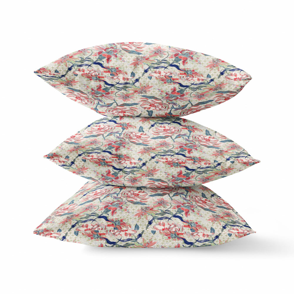 Homeroots 20" Red Pale Green Roses Zippered Suede Throw Pillow   413623