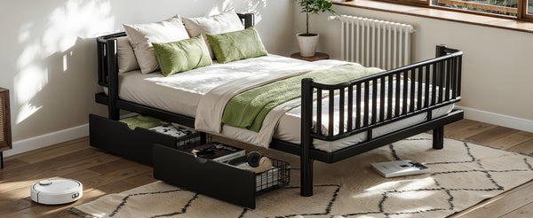 English Elm Full Size Metal Platform Storage Bed Low Profile Steel Frame with Built-in Drawers Black W5305P471350