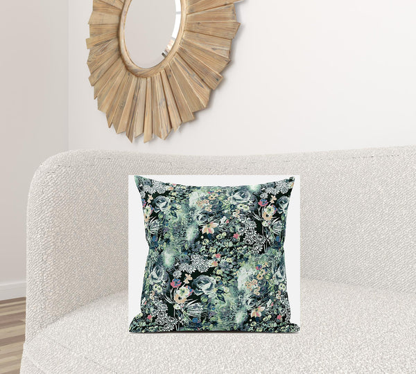 Homeroots 20" Green Black Springtime Zippered Suede Throw Pillow   413665
