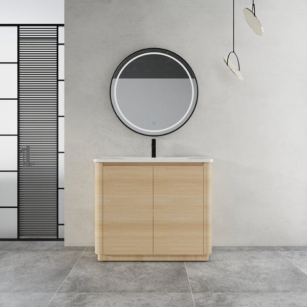 English Elm 40'' Freestanding Bathroom Vanity Plywood Cabinet Ceramic Sink Soft Close Doors W999S00518