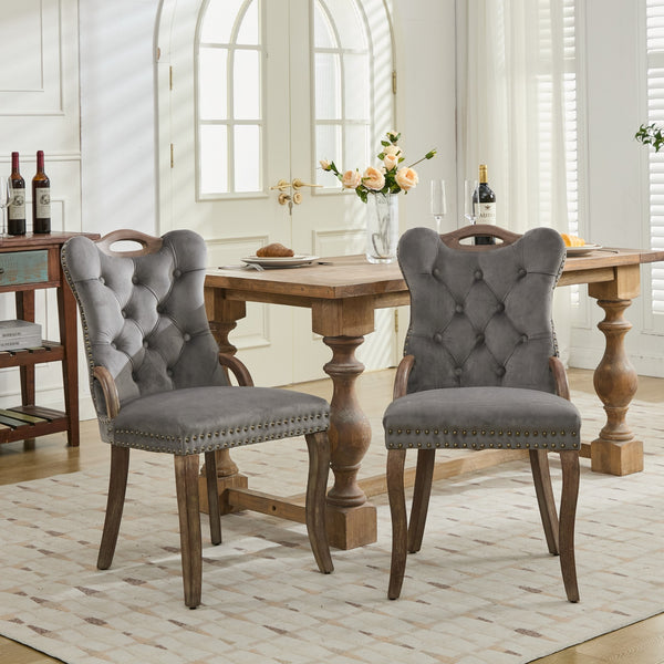English Elm Velvet Upholstered Dining Chair with Handmade Tufting, Solid Wood Handles, Copper Nail Trim, Set of 2 Gray W1143P338141