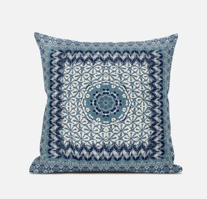 Homeroots 20” Blue White Holy Floral Zippered Suede Throw Pillow   413686