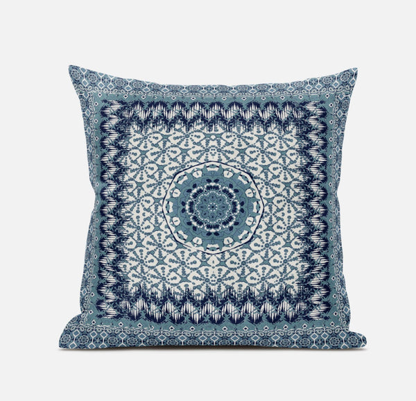 Homeroots 20” Blue White Holy Floral Zippered Suede Throw Pillow   413686