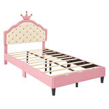 English Elm Twin Size Lovely Crown Fantasy Pu Leather Princess Bed With Tufted Headboard, Pink+Cream