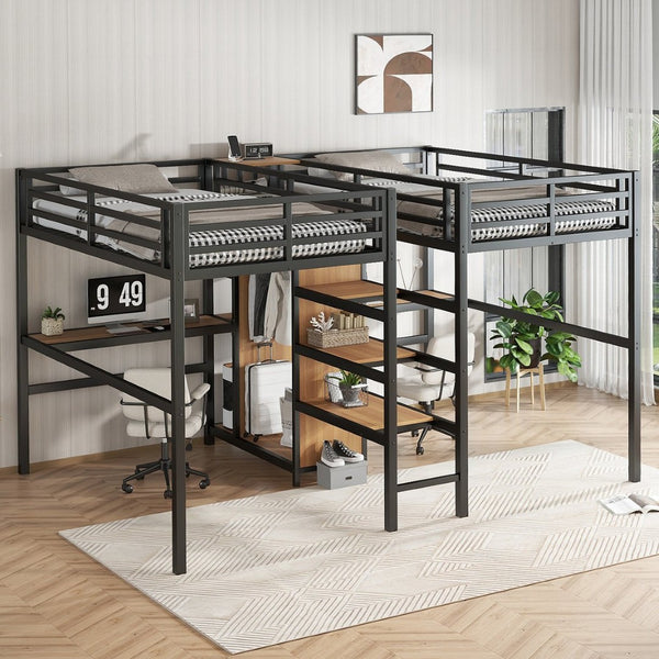 English Elm Twin Over Twin Metal Loft Bed With Double Desk, Wardrobe & Outlets For Ultimate Space Efficiency W1580S00115-GIGA