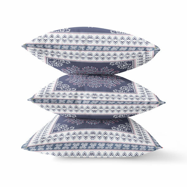 Homeroots 20"X20" Blue Pink White Zippered Suede Geometric Throw Pillow   413743