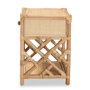 English Elm Modern Rattan Nightstand with Drawer and Open Shelf for Bohemian Bedroom Decor B2750P470042