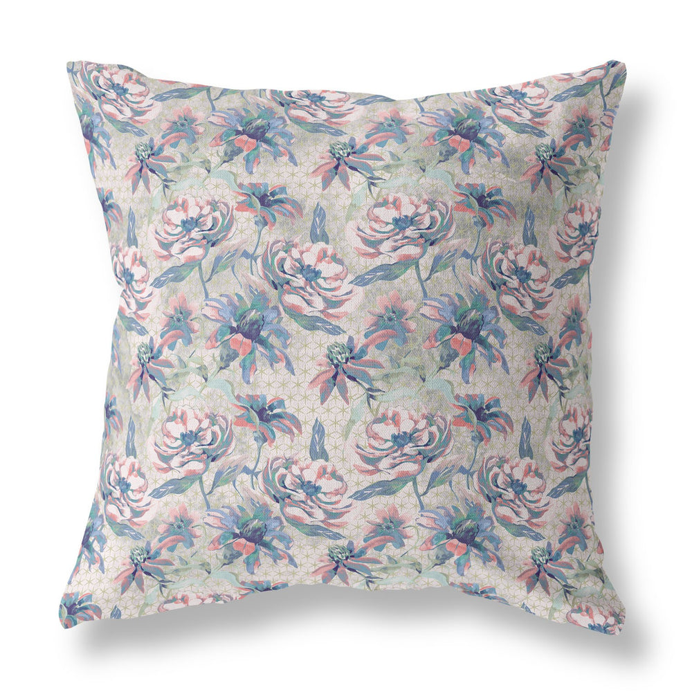 Homeroots 28” Blue Pink Roses Indoor Outdoor Throw Pillow   413834
