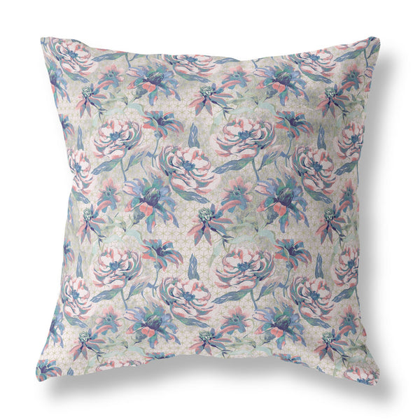 Homeroots 28” Blue Pink Roses Indoor Outdoor Throw Pillow   413834