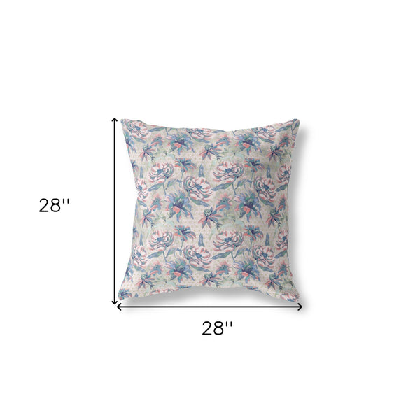 Homeroots 28” Blue Pink Roses Indoor Outdoor Throw Pillow   413834