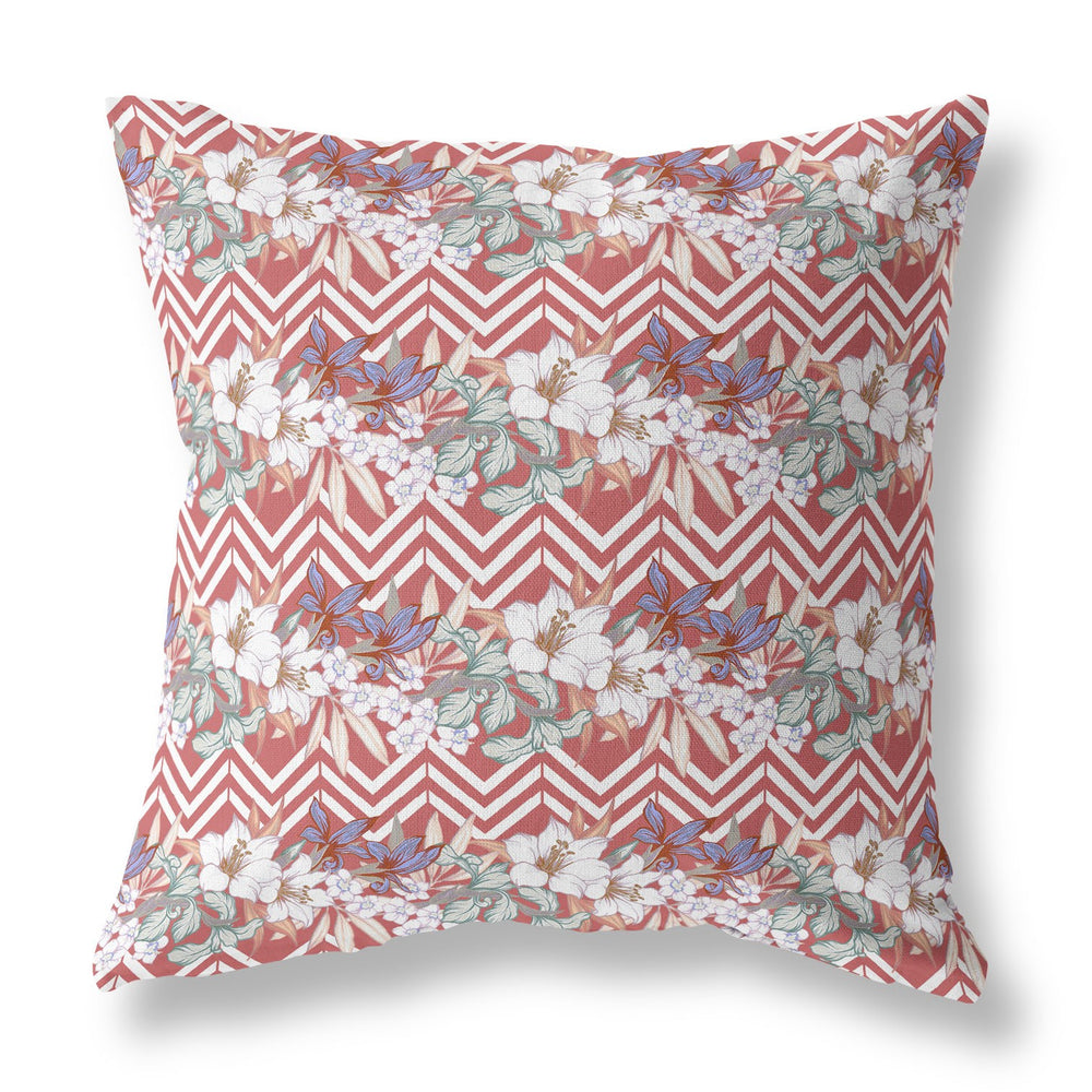 Homeroots 28" X 28" Red And White Blown Seam Floral Indoor Outdoor Throw Pillow   413844