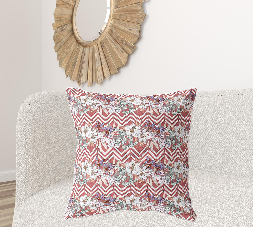 Homeroots 28" X 28" Red And White Blown Seam Floral Indoor Outdoor Throw Pillow   413844
