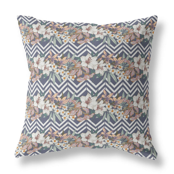 Homeroots 26" X 26" Navy Blue And Orange Blown Seam Floral Indoor Outdoor Throw Pillow   413853