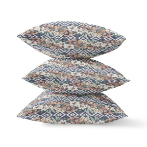 Homeroots 26" X 26" Navy Blue And Orange Blown Seam Floral Indoor Outdoor Throw Pillow   413853