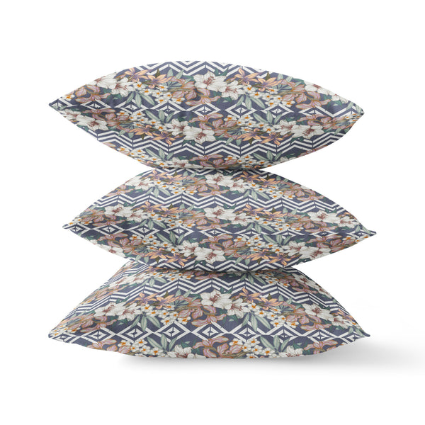 Homeroots 26" X 26" Navy Blue And Orange Blown Seam Floral Indoor Outdoor Throw Pillow   413853