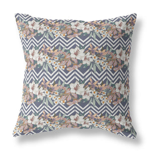 Homeroots 28" X 28" Navy Blue And Orange Blown Seam Floral Indoor Outdoor Throw Pillow   413854