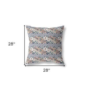 Homeroots 28" X 28" Navy Blue And Orange Blown Seam Floral Indoor Outdoor Throw Pillow   413854