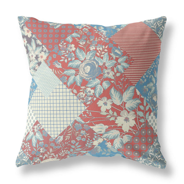 Homeroots 26" Red Blue Boho Floral Indoor Outdoor Throw Pillow   413888