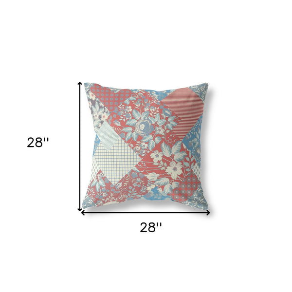 Homeroots 28" Red Blue Boho Floral Indoor Outdoor Throw Pillow   413889
