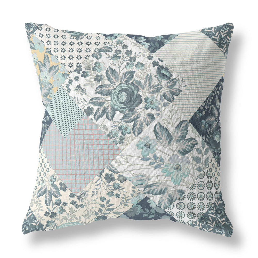 Homeroots 28" Teal White Boho Floral Indoor Outdoor Throw Pillow   413914