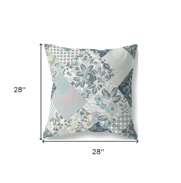 Homeroots 28" Teal White Boho Floral Indoor Outdoor Throw Pillow   413914
