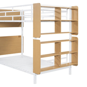 English Elm Twin Metal Bunk Bed with Built-In Headboard Storage and Footboard Shelves, Sturdy Space-Saving Design White SF000176AAK