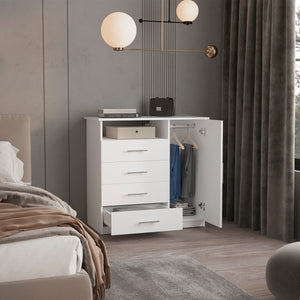 English Elm Baylon 4-Drawer 1-Shelf Dresser in White — Minimalist Concealed Drawers, Open Media Shelf, Compact Storage B062S00137