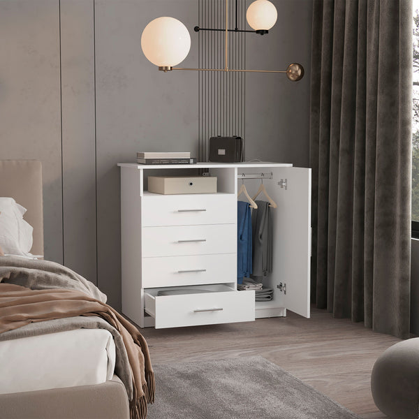 English Elm Baylon 4-Drawer 1-Shelf Dresser in White — Minimalist Concealed Drawers, Open Media Shelf, Compact Storage B062S00137