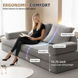 English Elm 86.6"Multifunctional Folding Sofa Bed with Chaise, Fluffy Chenille, Removable Backs & Pillows, Deep Seat Lounge LIGHT GREY W3219P340666